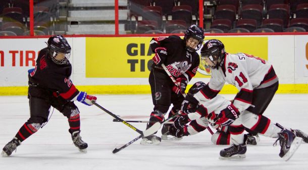 Rams #2 Christian Lamb fires a shot at the Nepean goal.