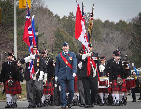 STITTSVILLE, ON. November 11, 2015. Colour Party and the Arnprior Pipe band arrive at the Cenetoph. (Barry Gray / StittsvilleCentral)