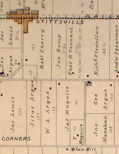 Detail from the 1879 Belden Atlas. The Flewellyns were neighbours with the Spearmans, Tennants, and Argues across the street. The black dot on the Flewellyn property indicates a house, perhaps the precursor to the stone house. The icon on the Argue property refers to a schoolhouse. The dotted double line between Flewellyn and Tennant land is an un-opened road allowance that would later become what we know as Shea Road.