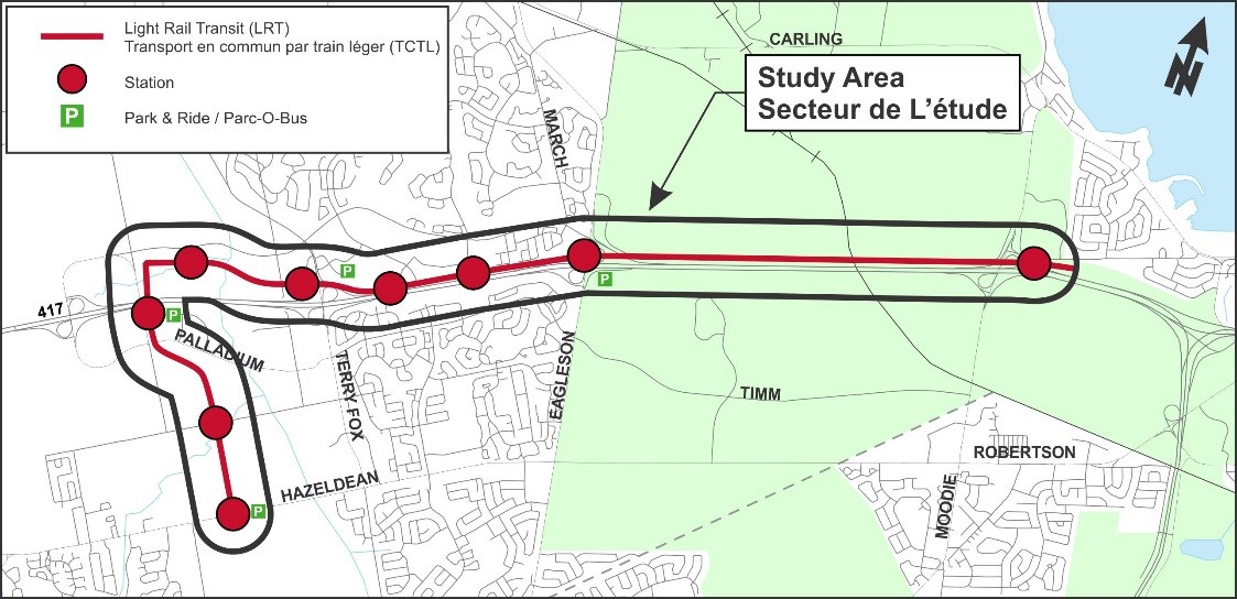 The preferred light rail route from Moodie Drive to Hazeldean Road