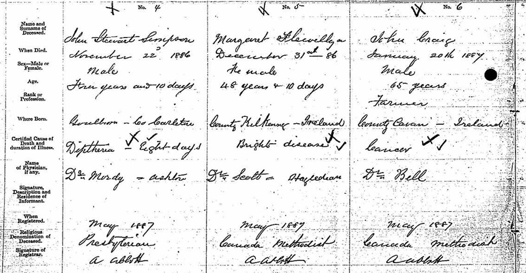 Margaret Flewellyn's death certificate. Her date of death is listed as New Year's Eve, 1886, but her cemetery headstone has her date of death as 1887.