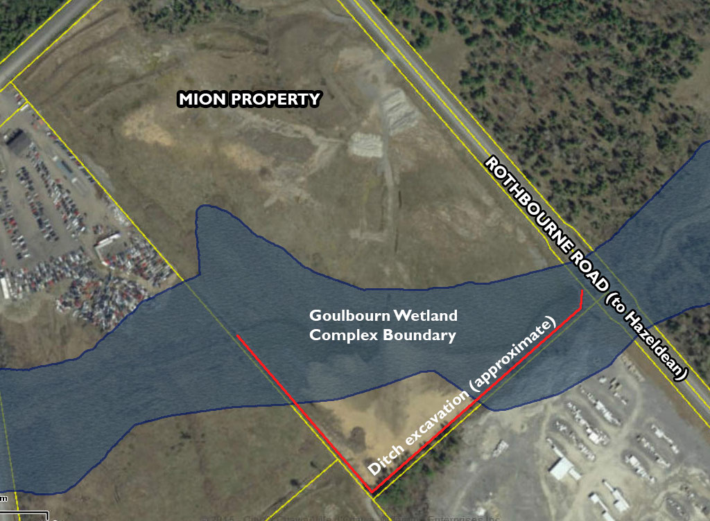 Aerial map of the Mion property. The Goulbourn Wetland Complex runs east-west across the bottom of the land, following the course of a creek. The excavated ditch is shown in red at the bottom of the property. Aerial photo via Google Maps.