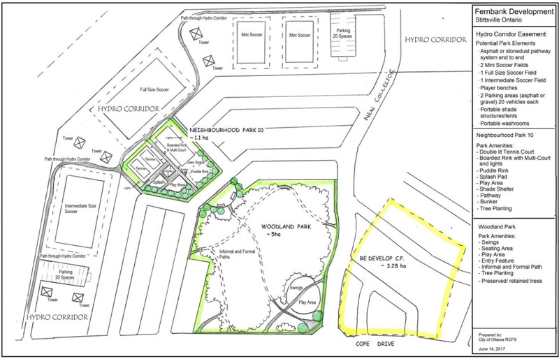 This map shows a "possible design scenario" for the configuration of the woodland park and a neighbourhood park within the hydro easement. (Map via City of Ottawa / documents to be tabled at Planning Committee on October 24.)