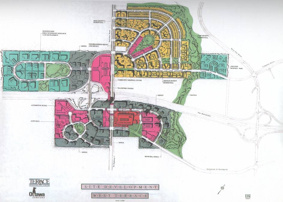 Bruce Firestone's earlier "West Terrace" plan for the area.  The arena is shown on this map as a rectangular block near the centre of the image.