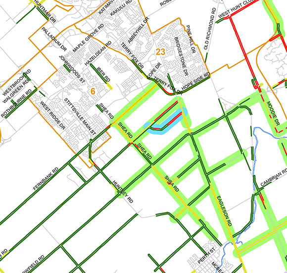 Part of a map showing wild parsnip problem areas and measures planned to reduce the plant. Herbicide will be used in the areas highlighted in light green.