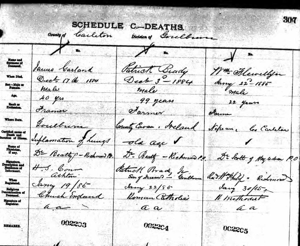 William Flewellyn's death registry. His causer of death isn't listed. Interestingly, his place of birth is listed as Nepean Township. Did the young Flewellyn family live there for a time before moving to their land in Goulbourn? Nepean Township extended all the way to Eagleson Road, so it wouldn't have been far away.