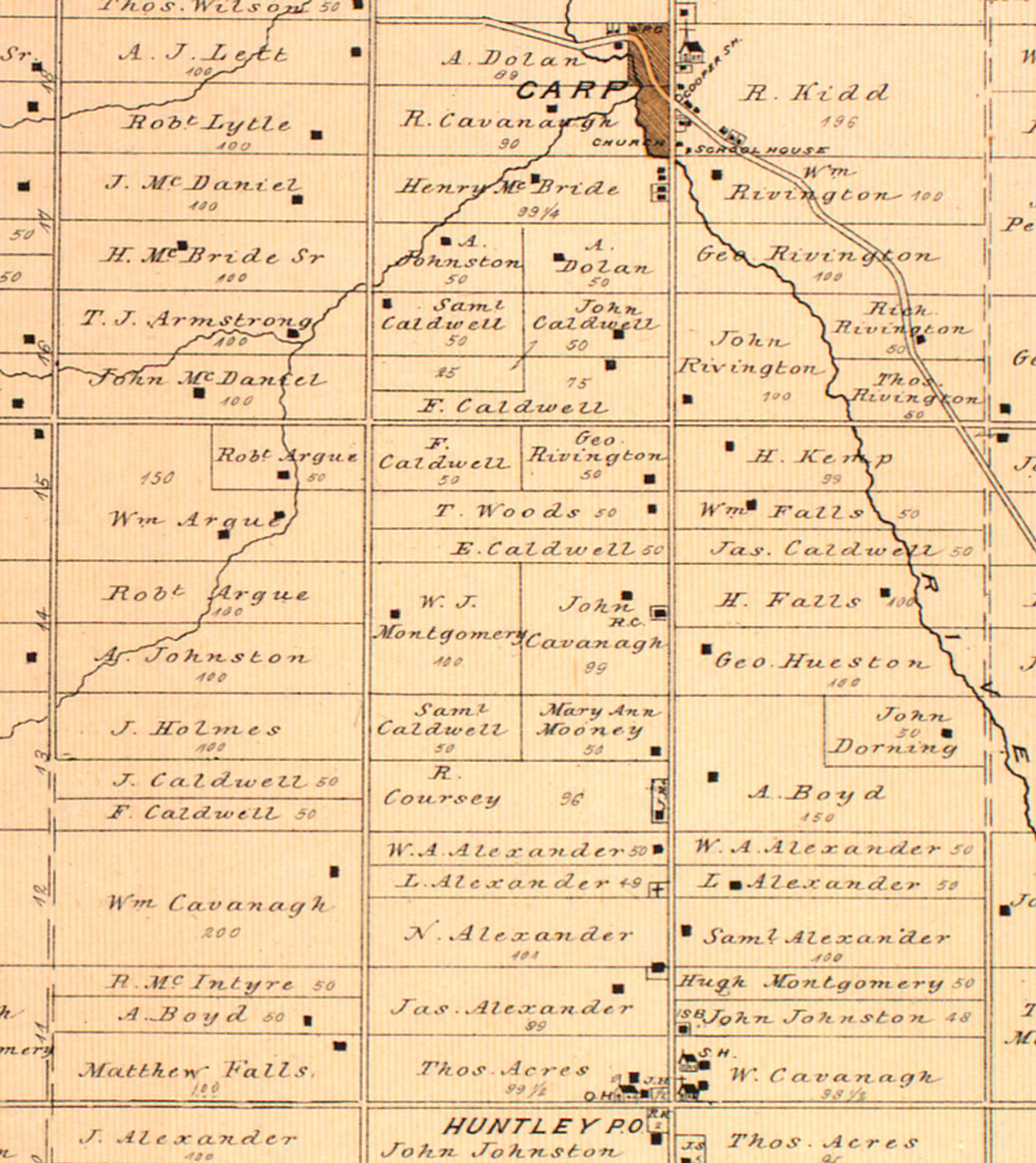 Detail from the 1879 Belden Atlas of Huntley. By this time, the children of Forest and Mary Caldwell had several pieces of land just outside of Carp.