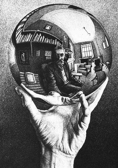 M.C. Escher Hand with Reflecting Sphere, January 1935 lithograph on silver coated wove paper. Photographed by Barry Gray. 