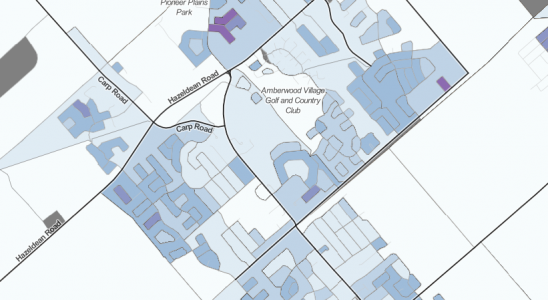 A map showing Stittsville's density levels, based on the 2016 census. Low density is white to light blue, while higher densities are indicated by purple.