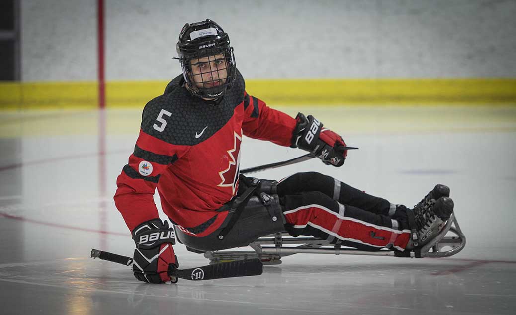 Tyrone Henry of Stittsville on the ice at GRC. Tyrone is a member of the Canadian National Sledge Hockey Team that won Gold in South Korea. Photo by Barry Gray.