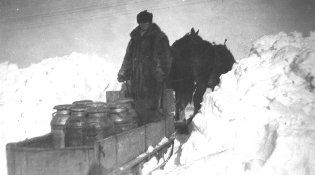 Byron Boyd with a load of milk at Eagleson's Corners, to meet a truck from Producers Dairy after a big snowstorm. In the summer the truck came to the house, 1940. Goulbourn Township Historical Society Collection.