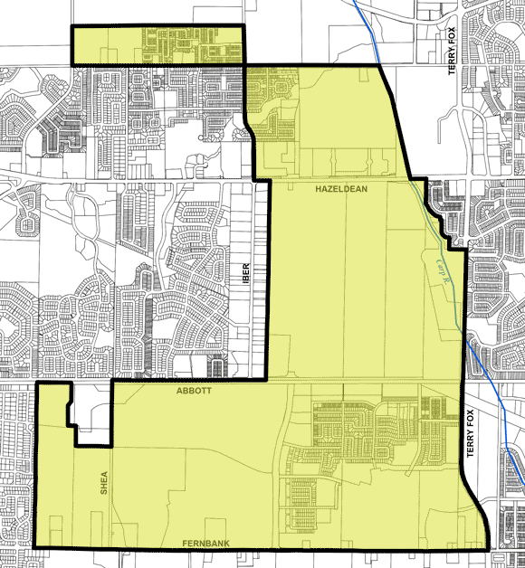 The areas in yellow are currently classified as Kanata addresses by Canada Post. Councillor Shad Qadri wants them changed to Stittsville.