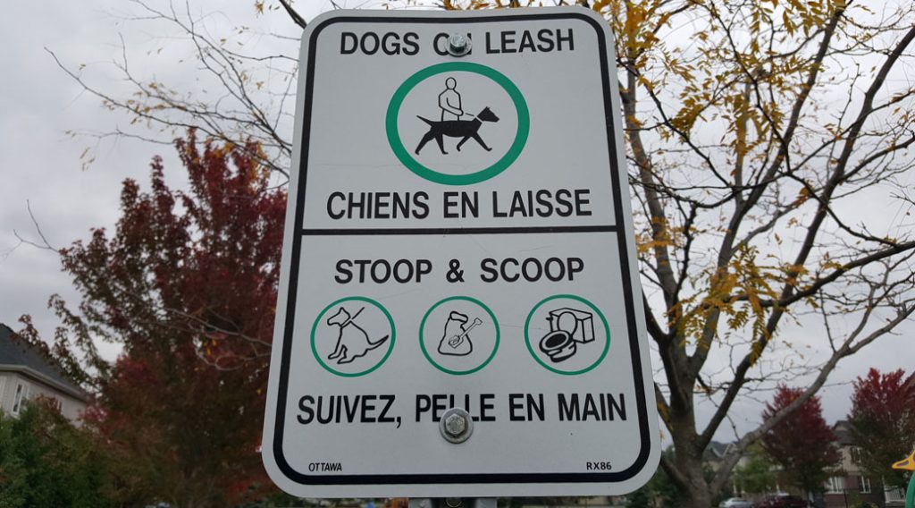 Dogs on Leash / Stoop & Scoop signage at Bandmaster Park in Fairwinds