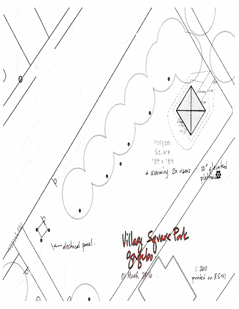 Map showing the location of the gazebo at the east end of Village Square Park.