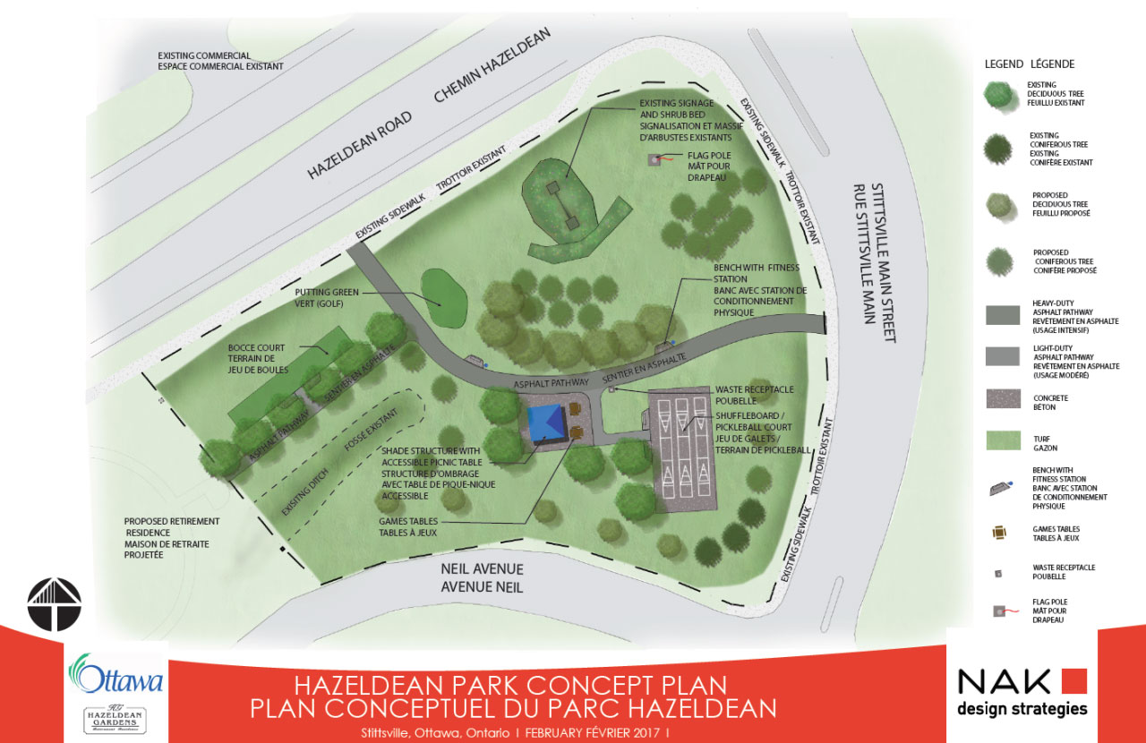 Here's the plan for an age-friendly park on Hazeldean Road, adjacent to the new Hazeldean Gardens retirement complex.