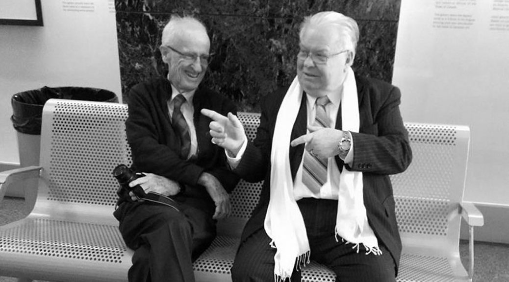 "The Two Johns". Longtime Stittsville News reporters John Curry (left) and John Brummell at City Hall in January 2017. Brummell received a Mayor's City Builder Award after his retirement from the newspaper. Photo via Deborah Brummell / Stittsville Neighbours.