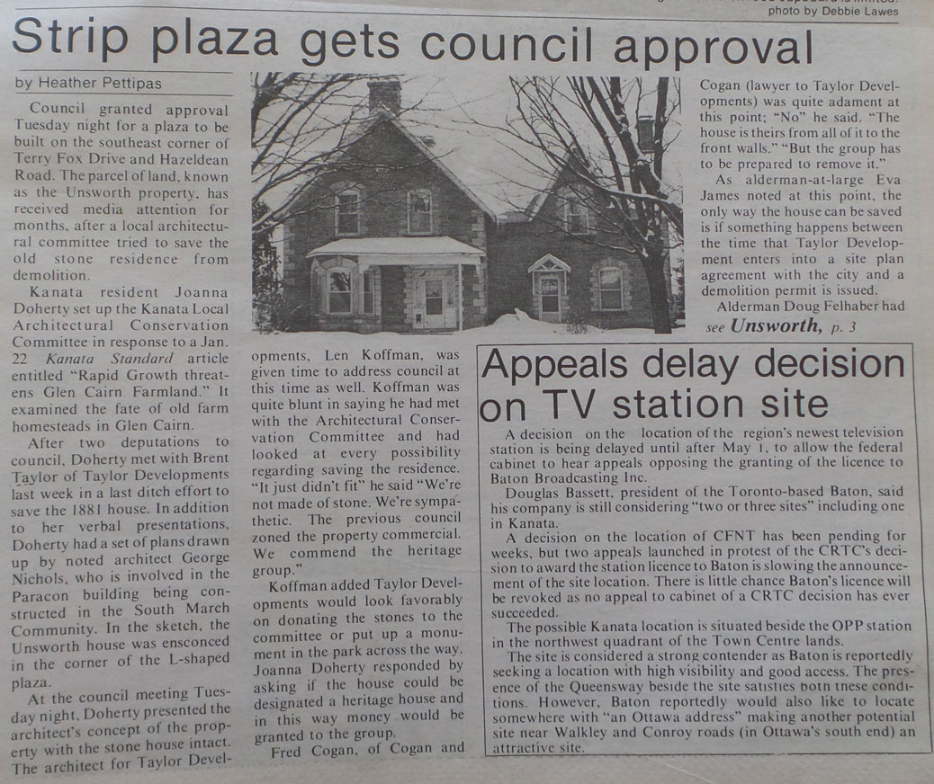Strip plaza gets council approval. Kanata Standard, April 23, 1987.