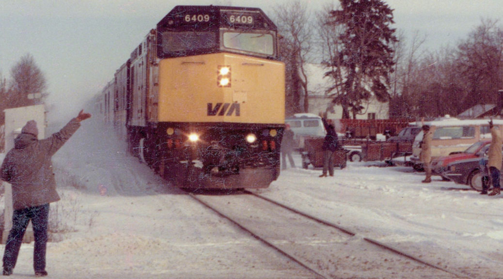 The last train through Stittsville on its way to the west coast, January 14, 1990. Photo by John Bottriell.