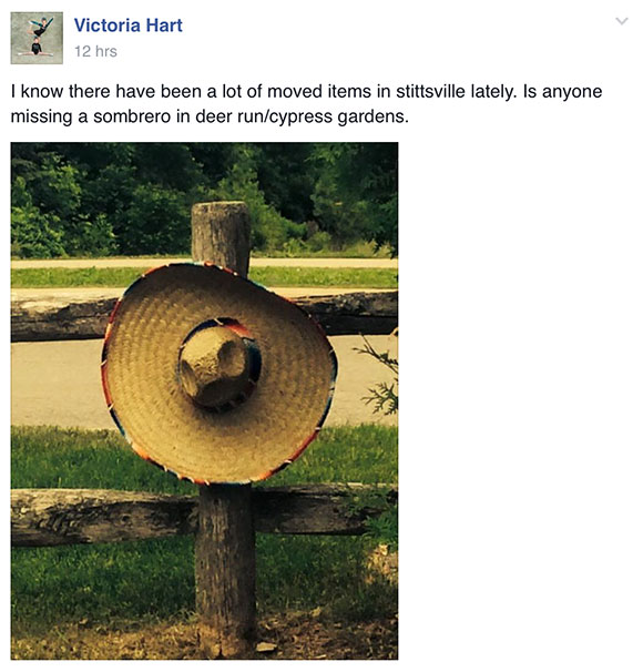 Missing sombrero in Deer Run / Cypress Gardens. Via Stittsville Moms.