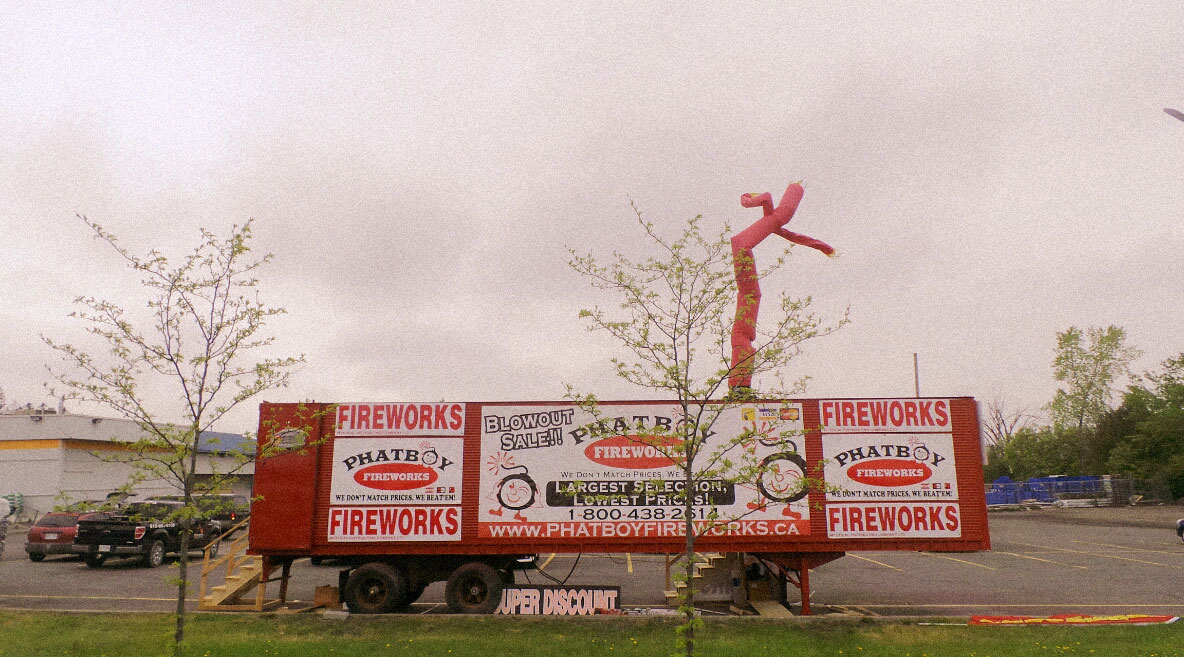 The Phat Boy fireworks truck is parked in front of the Rona on Hazeldean Road.