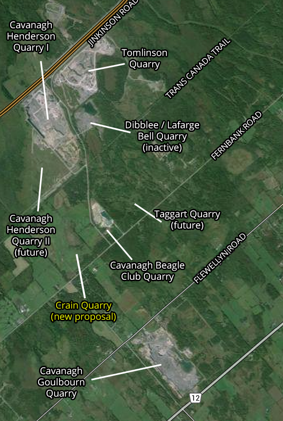 Map of quarries in the northwest part Rideau Goulbourn south of Highway 7.