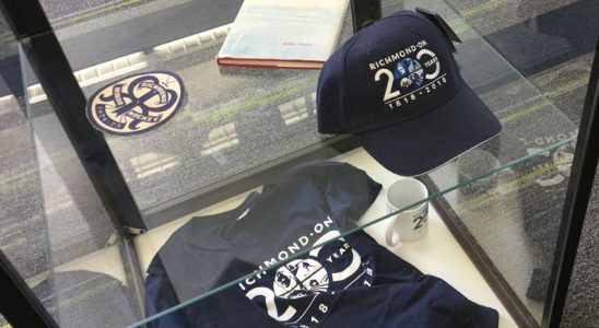 Richmond 200th anniversary merchandise on display at the library.