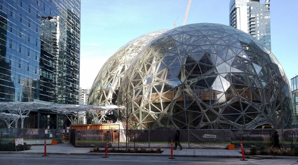 Amazon's headquarters in Seattle include three "biospheres" filled with plants and endangered species. Photo by brewbooks, used under a Creative Commons license.