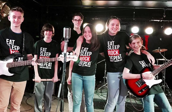 The U-Rock teen band The Crushers. From left to right: Brodie Paton, 15, Kyler Villeneuve, 12, Bradley Johnstone, 17, Jasmine Beavis, 14, Samantha Clarke, 15 and Catherine Hnatiw, 13.