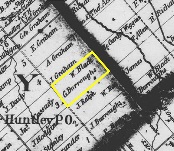 1863 Walling Map, showing the land that George Burroughs owned in Huntley.